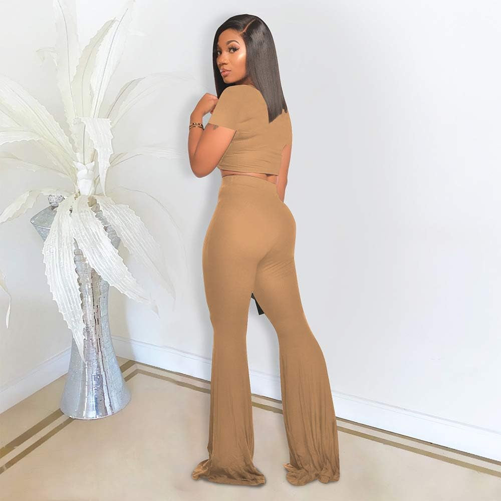 2 Piece Sexy Crop Top + High Waisted Flared Long Pant Sets Track Suits Yoga Sports