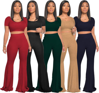 2 Piece Sexy Crop Top + High Waisted Flared Long Pant Sets Track Suits Yoga Sports