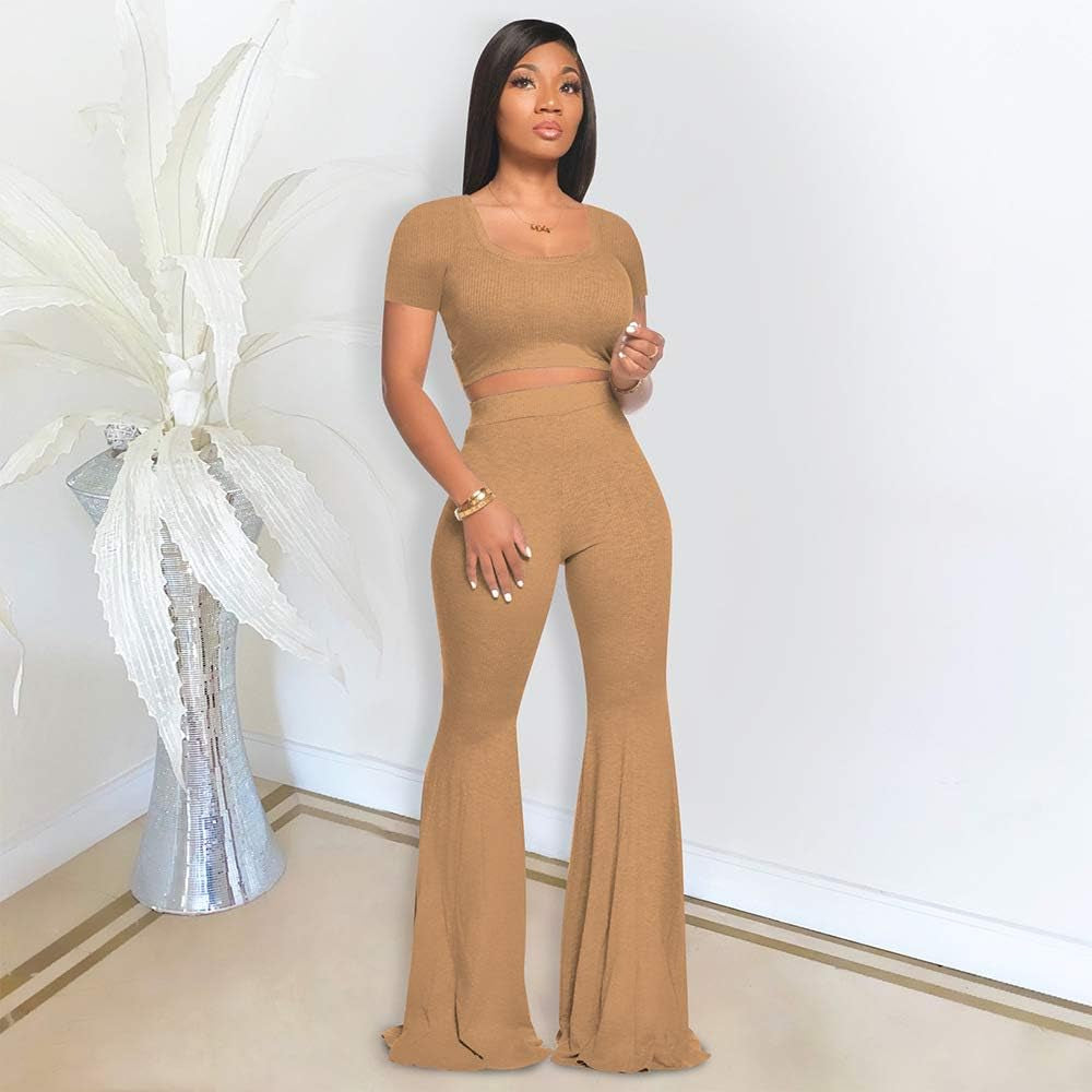 2 Piece Sexy Crop Top + High Waisted Flared Long Pant Sets Track Suits Yoga Sports